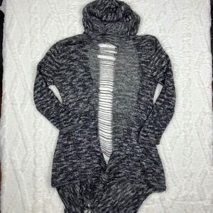 Daytrip Distressed Open Front Hooded Cardigan Sweater Fringe Black White M‎